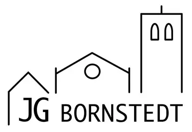 stilisierte Frontansicht der Bornstedter Kirche als Relief, schwarz-weiße Zeichnung